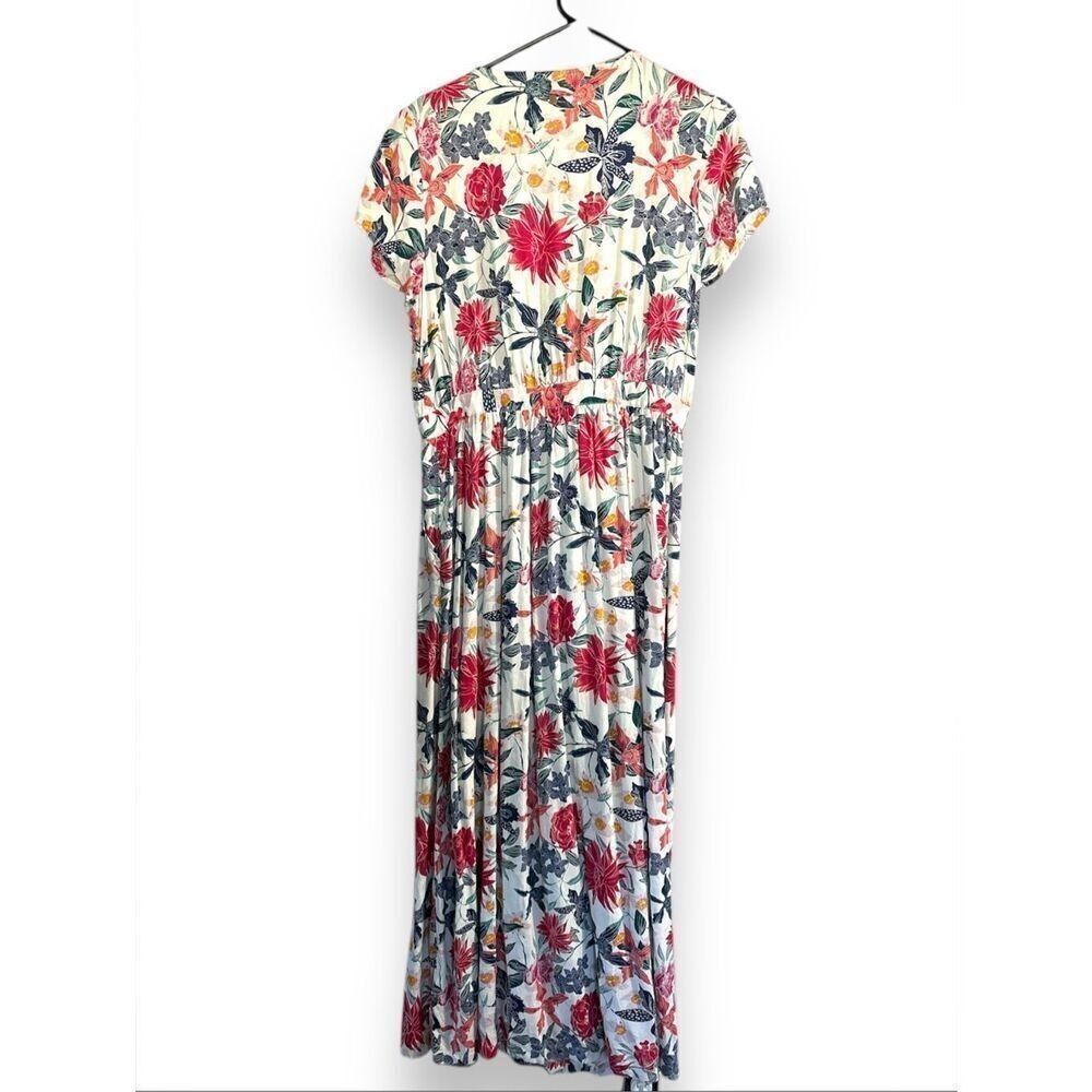 Roxy Women's White Floral Short Sleeve V-Neck Long Maxi Wrap Dress 12‎ Beachy - Picture 3 of 4